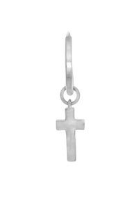 Orecchino a cerchio in argento con finitura opaca, caratterizzato da un piccolo pendente a croce. Il design include un cerchio sottile e un collegamento circolare.
