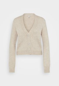 Beige cardigan with a V-neck, long sleeves, and three decorative buttons. Textured knit fabric, cropped design, detailed with subtle accent.
