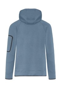 Hooded sweatshirt v svetlo modri barvi, z gladko teksturo, črnimi detajli na levem rokavu in sproščenim krojem.