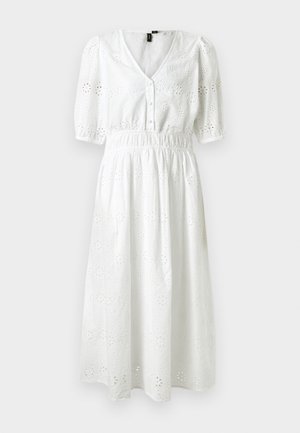 Vestido de algodón blanco con mangas cortas abullonadas, escote en V, cierre de botones, cintura elástica y patrón de ojales florales en toda la prenda.