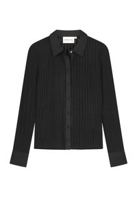 Black long-sleeve shirt with a ribbed texture, button closure, classic collar, and contrasting cuffs. Designed with a fitted silhouette.