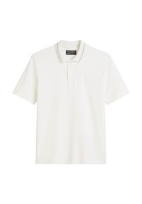Weißes Poloshirt aus Baumwolle, mit einer Knopfleiste mit drei Knöpfen, geripptem Kragen und einem dezenten Logo auf der Brust. Glatte Textur.