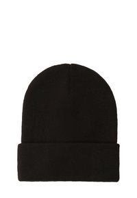 Zwarte gebreide muts met een omgeslagen boord. Gemaakt van zachte, rekbare stof, met een gladde textuur en een eenvoudige, afgeronde vorm.