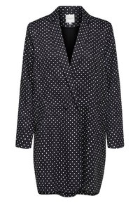 Schwarzes Blazer mit weißen Punkten, langen Ärmeln und doppelt knöpfbarem Verschluss. Hergestellt aus glattem Stoff, mit taillierter Passform und Reverskragen.