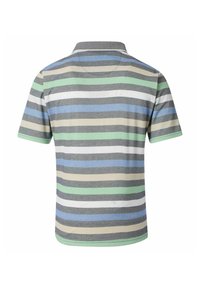 Polo w paski w kolorze szarym, niebieskim, zielonym i białym. Krótkie rękawy, prążkowany kołnierzyk, mieszanka bawełny, luźny krój z prostym dołem.