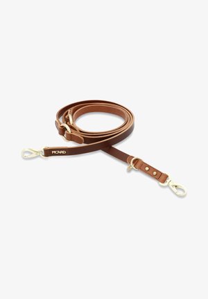 Brown leather dog leash with a smooth texture, featuring gold-tone metal clasps and a two-tone design with visible stitching and rivets.