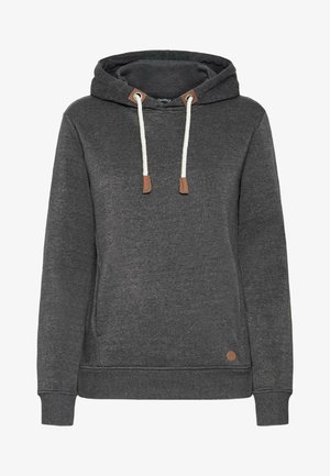 Kullgrå hettegenser laget av myk stoff med en frontlomme, justerbar snøring og brune lærdetaljer på hetten.