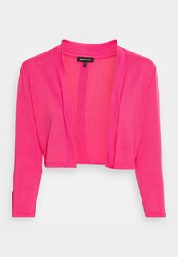 Cropped cardigan in vibrant pink. Made of smooth fabric with long sleeves and an open front design. Features a simple neckline finish.