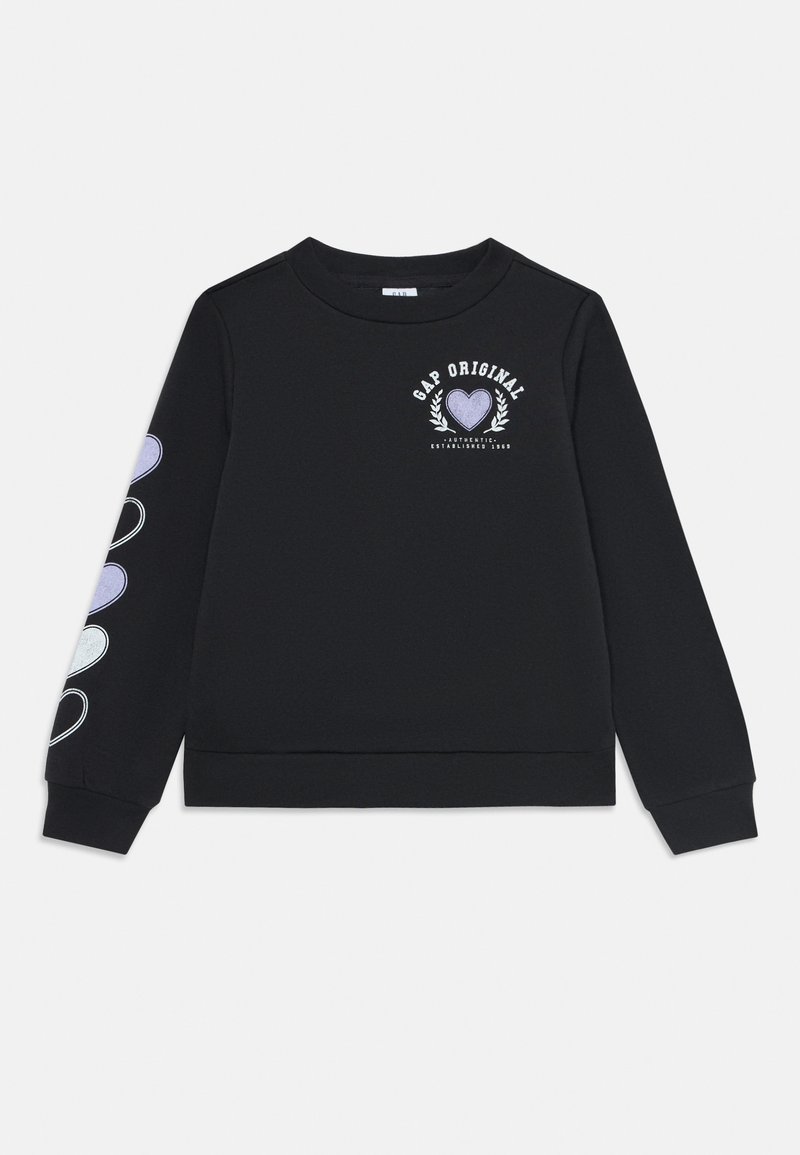 Črna dolga majica s kapuco z dolgimi rokavi, ki ima na levem prsnem delu in levem rokavu grafiko vijoličnih in belih src, ter napisom "GAP ORIGINAL".