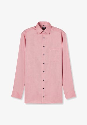 Langärmeliges Hemd in Hellrosa mit dezentem Muster, schwarzen Knöpfen, einer Tasche auf der linken Brust und spitzem Kragen.