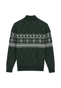 Grön stickad tröja med vita snöflinge- och renmönster, en ribbad krage och utspridda prickdetaljer över tyget.