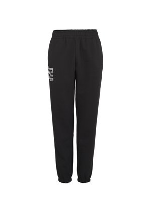 Black sweatpants made of cotton blend fabric, featuring an elastic waistband and cuffs, with white printed text on the left leg.