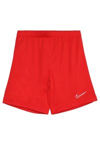 Pantalones cortos deportivos rojos con cinturilla elástica y logo de Nike en blanco en la parte inferior de la pierna izquierda.