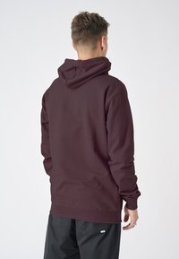 Burgundy hoodie with a large, adjustable hood, ribbed cuffs, and hem, made of soft fabric, displayed from the back against a plain background.