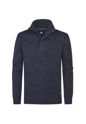 Suéter de punto azul oscuro con cuello alto acanalado y dos botones marrones en la parte delantera, mangas largas y puños y dobladillo acanalados.