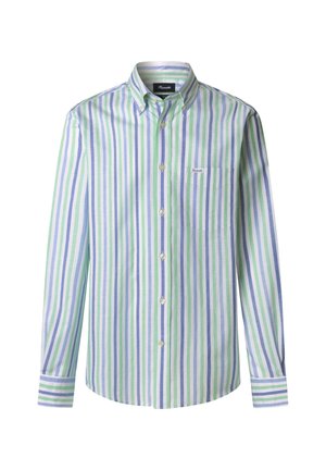Camisa de manga larga con botones, con rayas verticales en verde, azul y blanco, cuello con botones, bolsillo en el pecho y etiqueta de marca en el bolsillo.