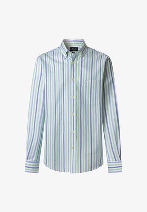 Overhemd met lange mouwen en knopen, met verticale groene, blauwe en witte strepen, een kraag met knoop, een borstzak en een merklabel op de zak.