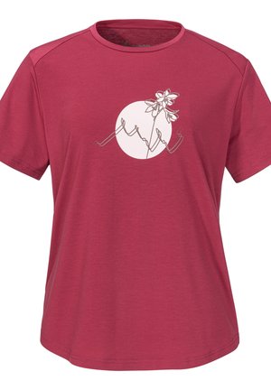 Rotes Kurzarm-T-Shirt aus weichem Stoff, mit einem grafischen Design eines Flowers und abstrakten Linien vor einem kreisförmigen Hintergrund.