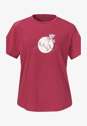 Rotes Kurzarm-T-Shirt aus weichem Stoff, mit einem grafischen Design eines Flowers und abstrakten Linien vor einem kreisförmigen Hintergrund.