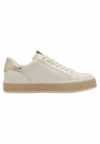 Baskets en cuir blanc avec une semelle plateforme texturée beige, comportant des accents dorés au talon et sur les lacets.