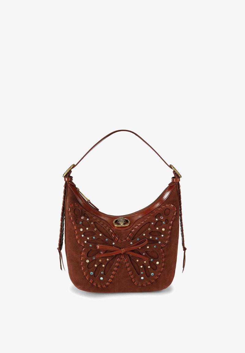 Brown suede handbag with stitched butterfly design, colorful studs, leather bow detail, and a single shoulder strap with gold buckle accents.