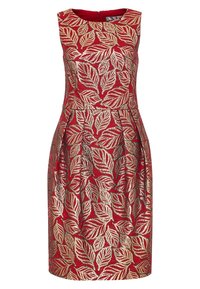 Robe rouge avec des motifs en feuille d'or, design sans manches, taille cintrée et jupe évasée. Fermeture éclair au dos. Tissu texturé.