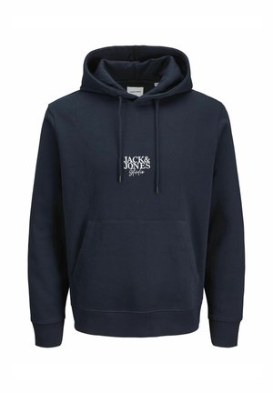 Tengerész kék kapucnis pulóver zsinóros kapucnival, elöl kenguruzsebbel és fehér hímzett "JACK & JONES" logóval a mellkason. Puha anyagú.