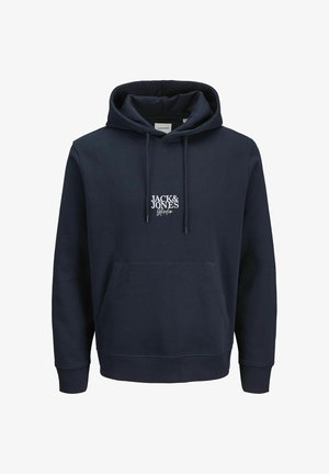 Tumed sinine kapuutsiga dressipluus, millel on nööriga kapuuts, ees kangaroo-tasku ning valge tikitud logo "JACK & JONES" rinna piirkonnas. Pehme materjal.