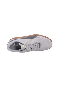 Graue Wildledersneaker mit einer Gummisohle, ausgestattet mit einem Schnürdesign, einer eleganten Silhouette und dezentem Branding in Gold an der Seite.