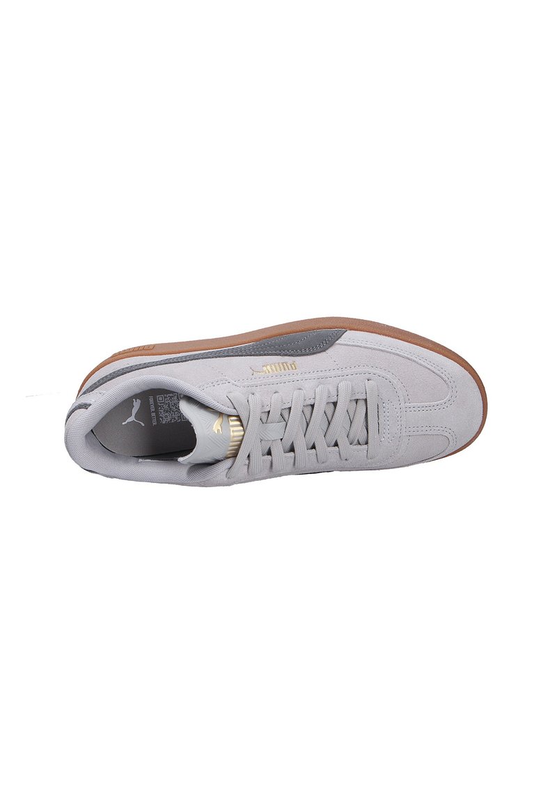 Sneaker en suède gris avec une semelle en caoutchouc, présentant un design à lacets, une silhouette élégante et un branding subtil en doré sur le côté.