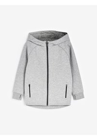 Haut de sweat à capuche gris zippé en tissu doux, doté d'une grande capuche, d'une fermeture éclair noire et de poches latérales zippées. Texture lisse, coupe décontractée.