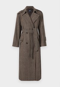 Long plaid trench coat in brown tones with a belted waist, double-breasted buttons, shoulder epaulettes, and side pockets.