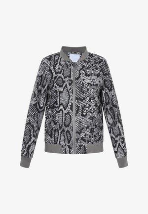 Giubbotto bomber con un motivo in pelle di serpente nera e grigia, colletto e polsini a coste grigi, e chiusura frontale con zip. Tessuto leggero.