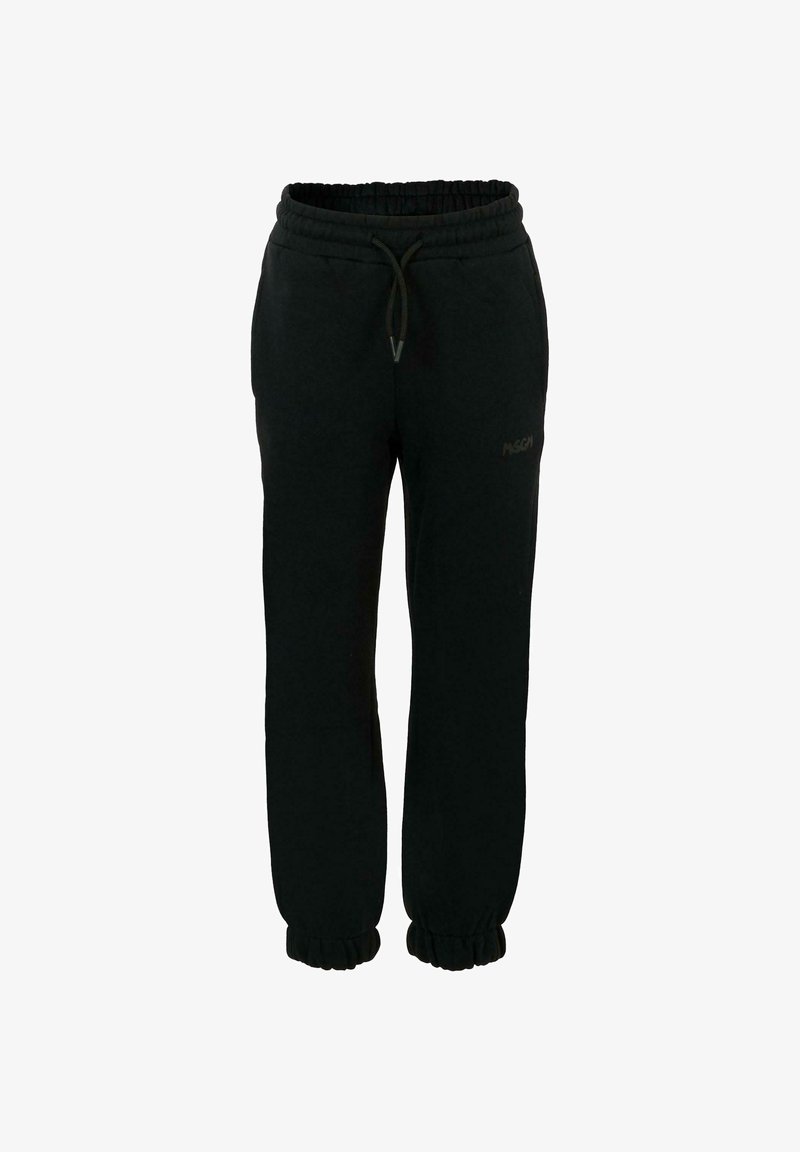 Zwarte trainingsbroek met een elastische tailleband en verstelbaar trekkoord. Boorden bij de enkels en een gladde fleece textuur.