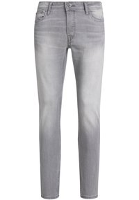 Jeans in denim grigio chiaro con vestibilità slim, caratterizzati da un classico design a cinque tasche, una texture leggermente sbiadita e una chiusura in vita con bottone argentato.