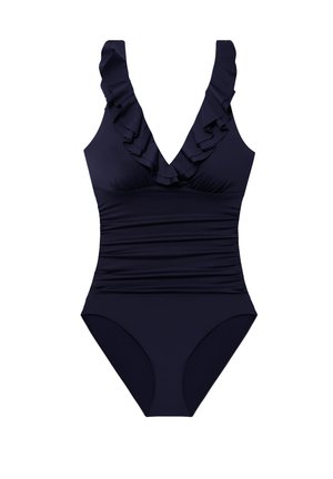 Navy one-piece swimsuit with ruffled neckline, sleeveless design, gathered sides, and smooth texture, suitable for various body types.