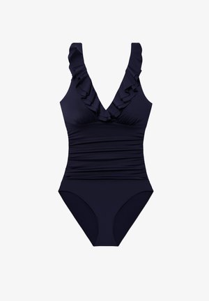 Navy one-piece swimsuit with ruffled neckline, sleeveless design, gathered sides, and smooth texture, suitable for various body types.