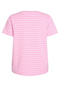 Roze gestreept T-shirt van zacht materiaal, met horizontale witte strepen, een ronde hals en korte mouwen. Achteraanzicht, relaxte pasvorm.