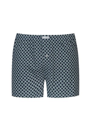 Heren boxershorts in marineblauw met een wit draaiend geometrisch patroon en een functionele knoopsluiting aan de voorkant.