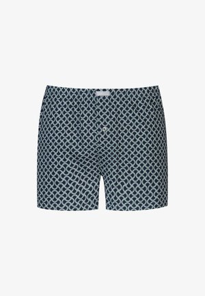 Heren boxershorts in marineblauw met een wit draaiend geometrisch patroon en een functionele knoopsluiting aan de voorkant.