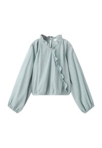Light blue blouse with long puff sleeves, ruffled front detail, and a high neckline. Made from textured fabric with a gathered hem.