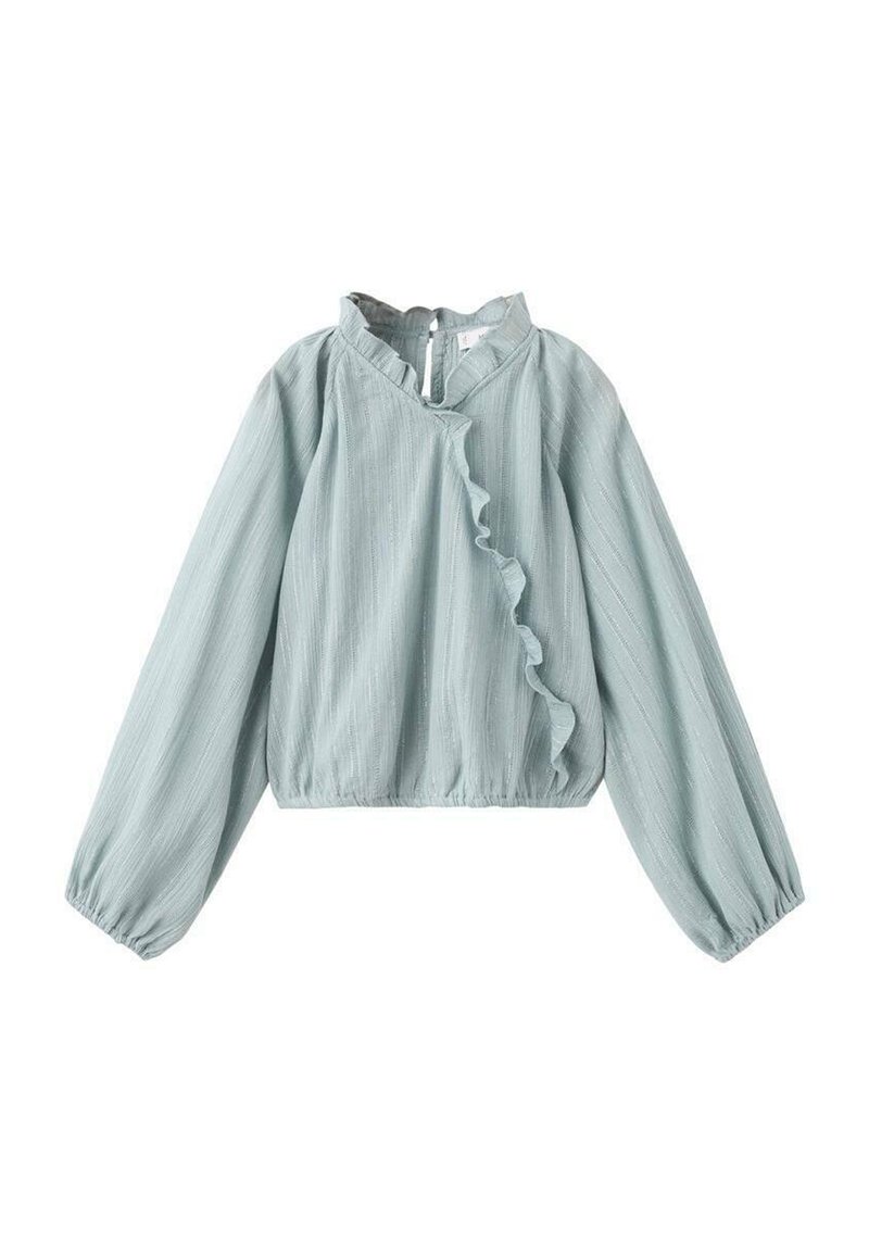 Light blue blouse with long puff sleeves, ruffled front detail, and a high neckline. Made from textured fabric with a gathered hem.