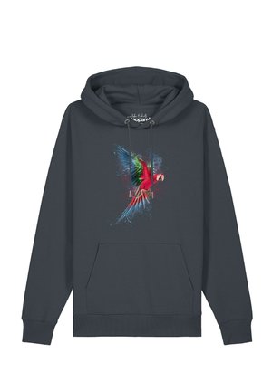 Dunkelgrauer Hoodie mit einer bunten Grafik eines fliegenden Papageis in Rot, Grün, Blau und Gelb auf der Brust und einer vorderen Kängurutasche.