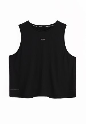 Top corto negro sin mangas con escote redondo y pequeño logotipo blanco "aim'n" centrado en el pecho.