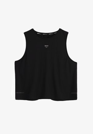 Top corto negro sin mangas con escote redondo y pequeño logotipo blanco "aim'n" centrado en el pecho.