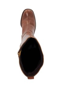 Brown leather ankle boot with a rounded toe, flat sole, and open top. Interior shows black lining. Minimal stitching and a discreet zipper.
