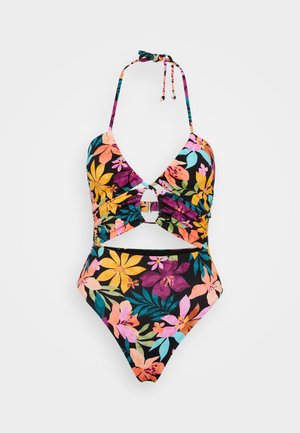 Blommig bikini-set med svart bas och flerfärgade blommor. Toppen har en V-ringning med samlad tyg och en nyckelhålssnit vid mitten.