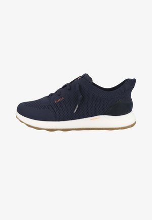 Navy blue breathable mesh sneaker with white sole, lace-up front, and pull tab at heel, designed for casual wear.