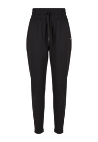 Schwarze, tapered Sweatpants aus weichem Material mit elastischem Bund und Kordelzug. Jacke mit kleinem Logo an der Seite.