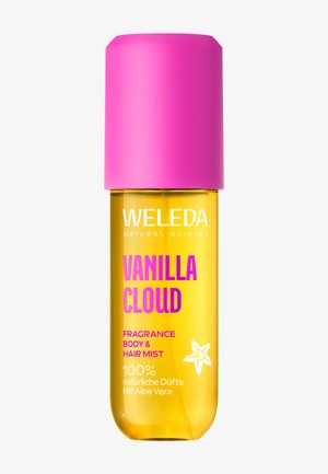 Gul sprayflaske med pink låg mærket "Weleda Vanilla Cloud Fragrance Body & Hair Mist" indeholdende naturlige dufte og aloe vera.